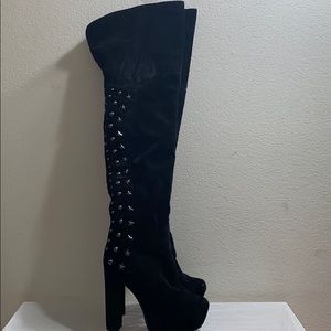Velveteen platform thigh high boot